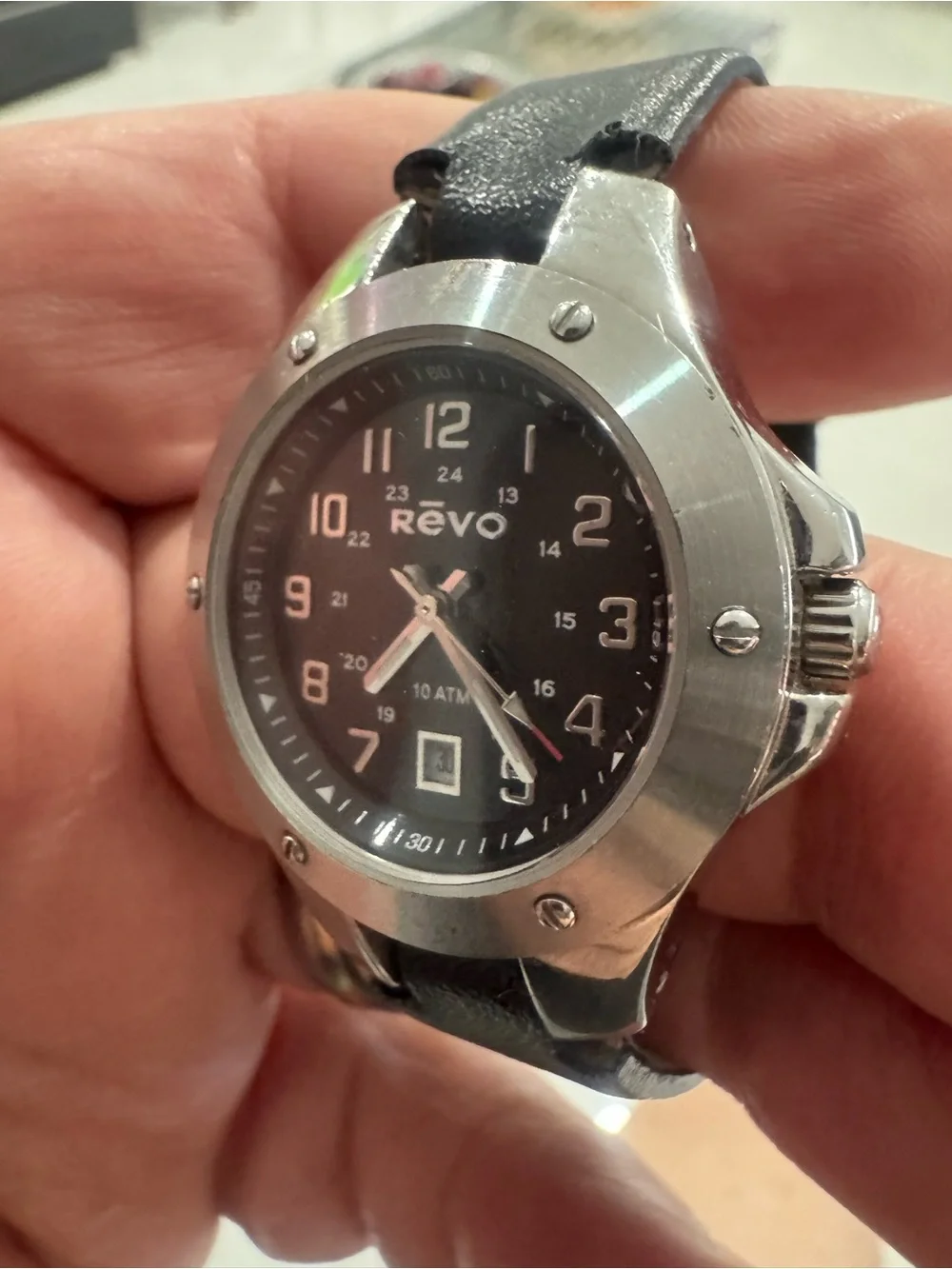 Revo Black Dial Watch with Silver Case and Black Strap